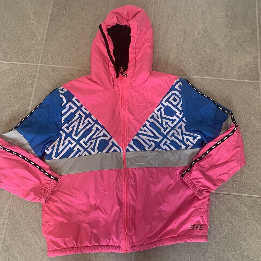 VICTORIAS SECRET PINK RARE "PINK" SHERPA ANORAK WINDBREAKER HOODIE Size Large